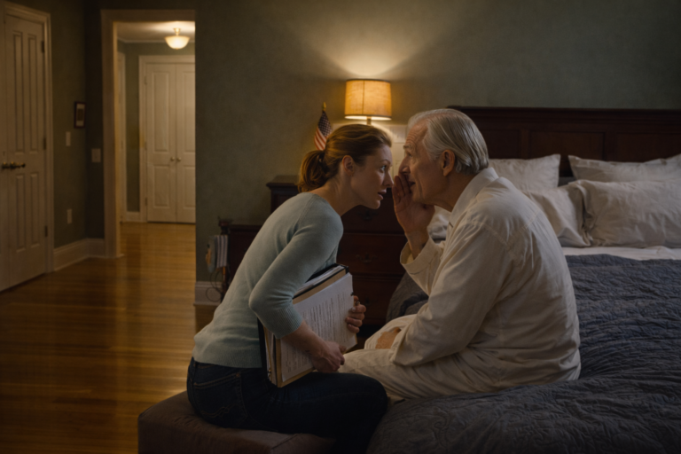 A férjem családja a Bahamákra repült, és engem hagyott a apósomról, akit teherként kezeltek, és amikor az anyósom azt mondta: “Ha bármi történik vele, nekem fogsz felelni,” azt hittem, csak kegyetlen volt, mint mindig—egészen addig, amíg a sötétben ki nem nyitotta a szemét, és egy papírhalmot nyomott a kezembe, És suttogott valamit, ami megértette, miért akartak egyedül abban a házban.